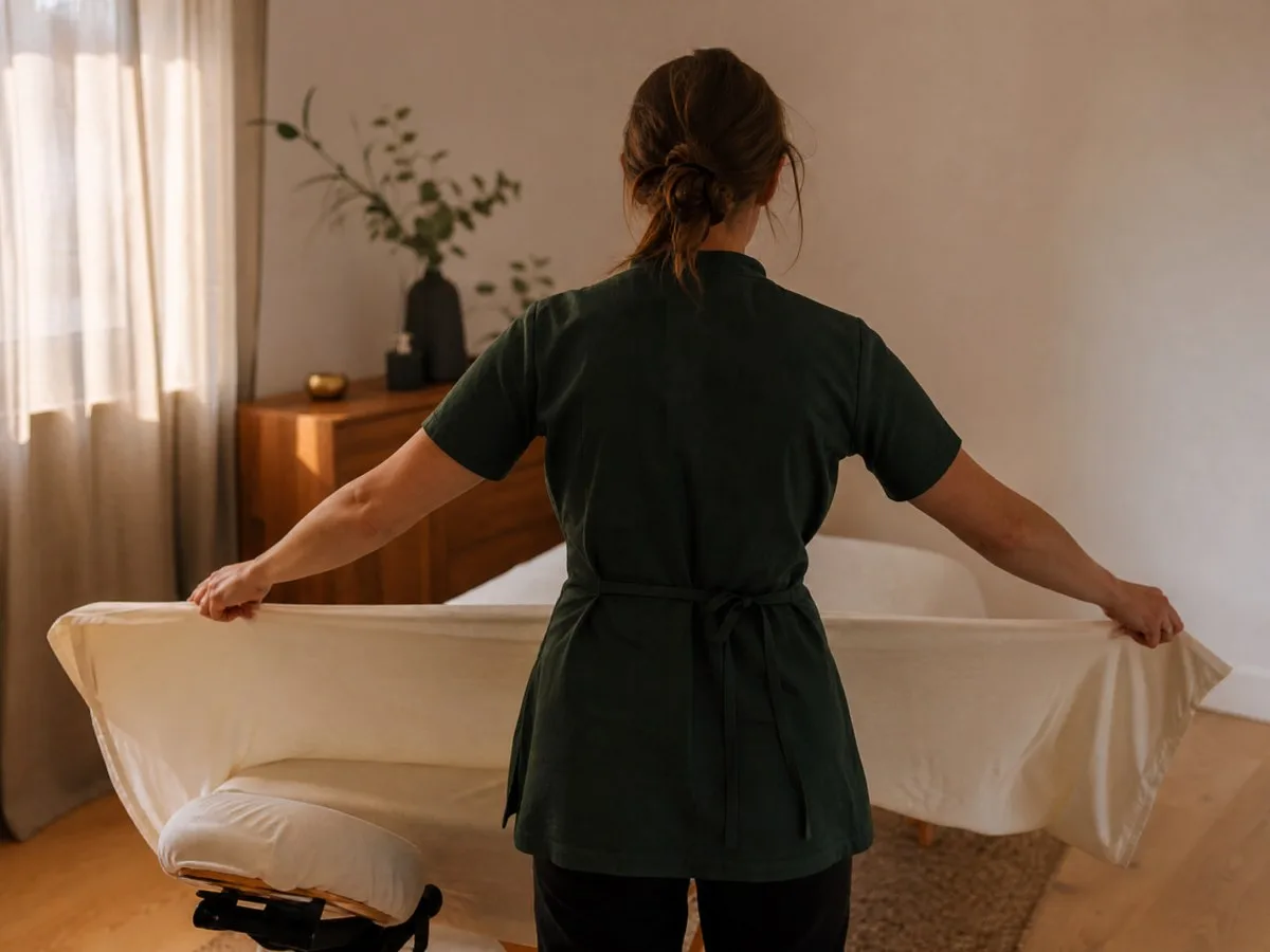 Eine Masseurin zieht von hinten gesehen ein frisches Leinentuch über die Massageliege