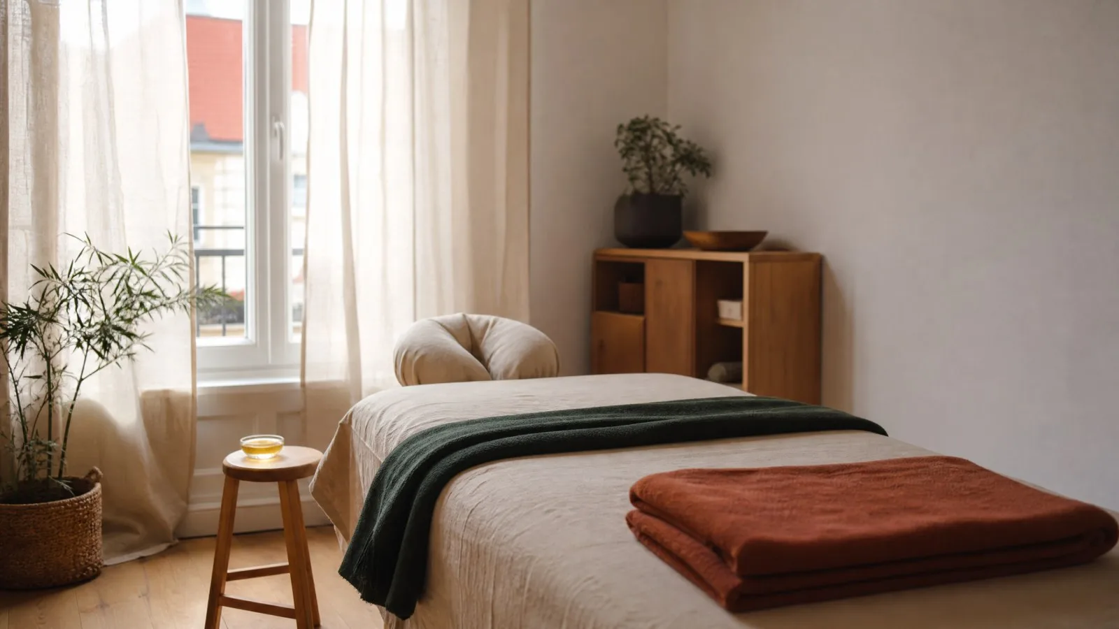 Kleiner Behandlungsraum mit Massageliege, Leinentüchern und Tageslicht am Fenster